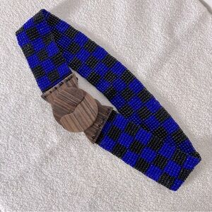 Vintage Wooden Buckle Blue Black Stretchy Beaded Checker Belt